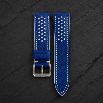 Blue And White Racing Epsom Leather Watch Strap - Handmade