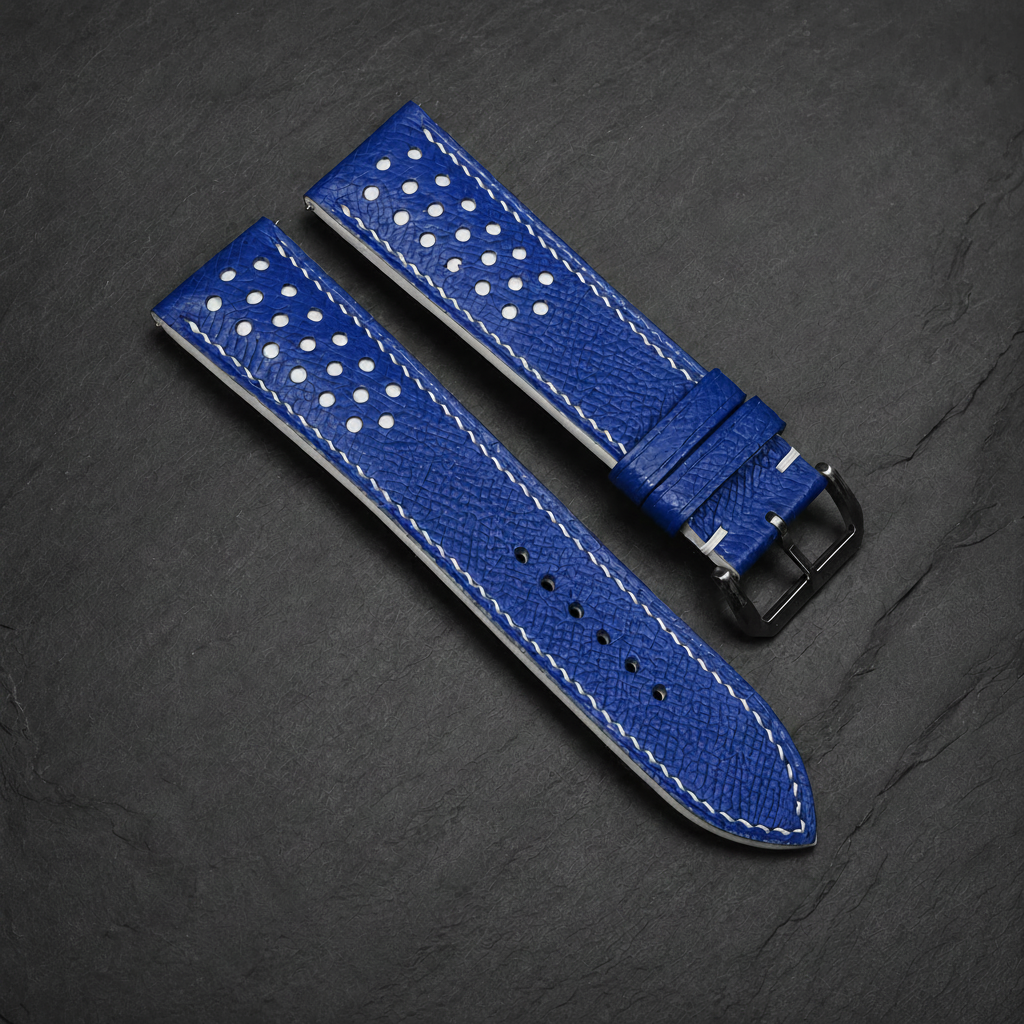 Blue And White Small Racing Epsom Leather Watch Strap - Handmade