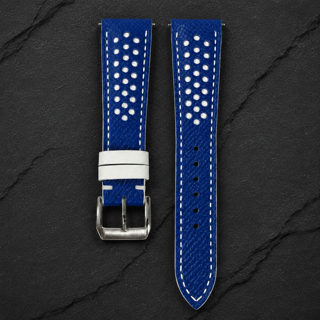 Blue And White White Keeper Racing Epsom Leather Watch Strap - Handmade