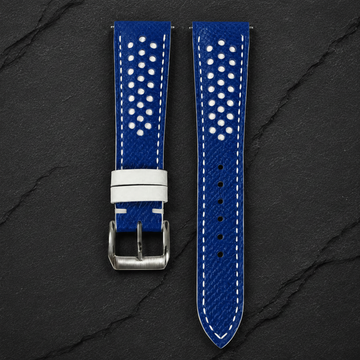 Blue And White White Keeper Racing Epsom Leather Watch Strap - Handmade