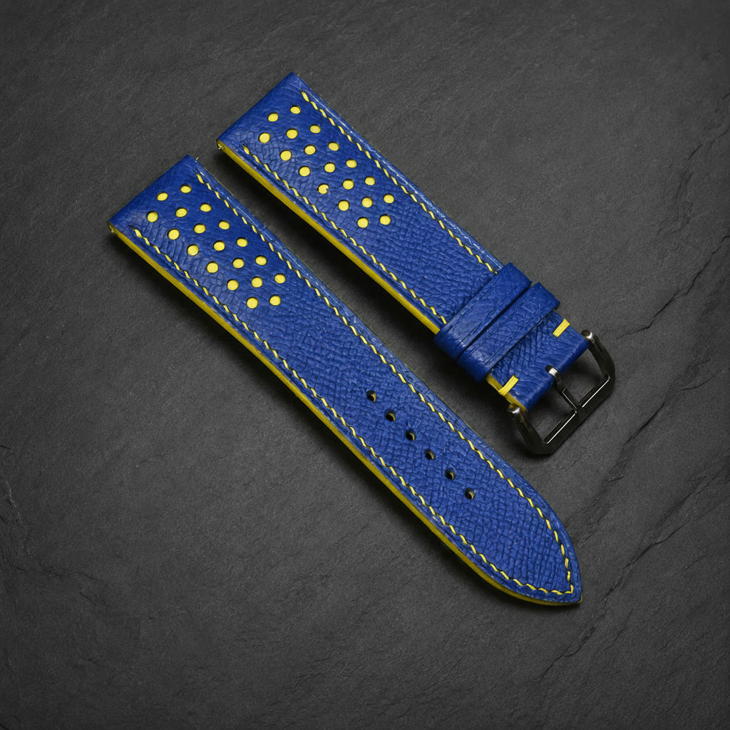 Blue And Yellow Small Racing Epsom Leather Watch Strap - Handmade