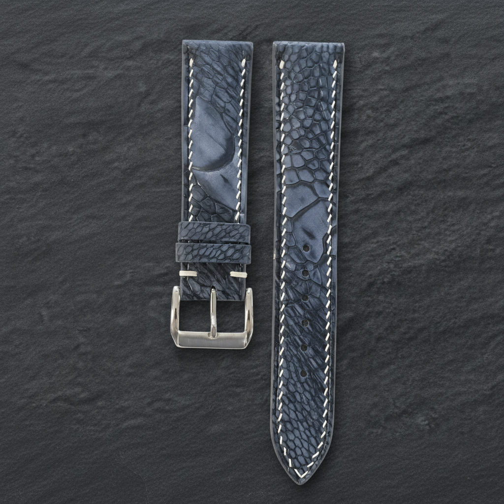 Blue Gray Nubuck Ostrich Leather Watch Strap - Handmade