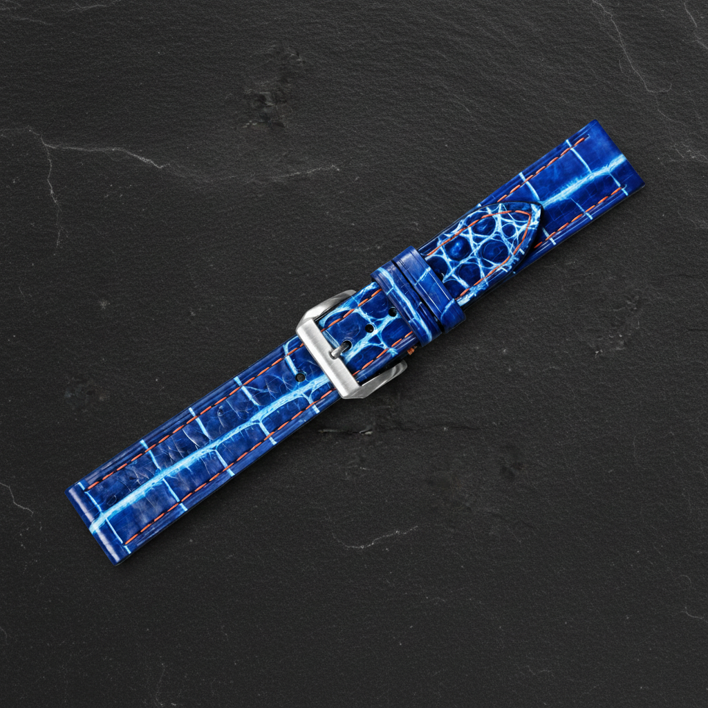 Blue White Alligator Leather Watch Strap - Handmade Quick Release Band
