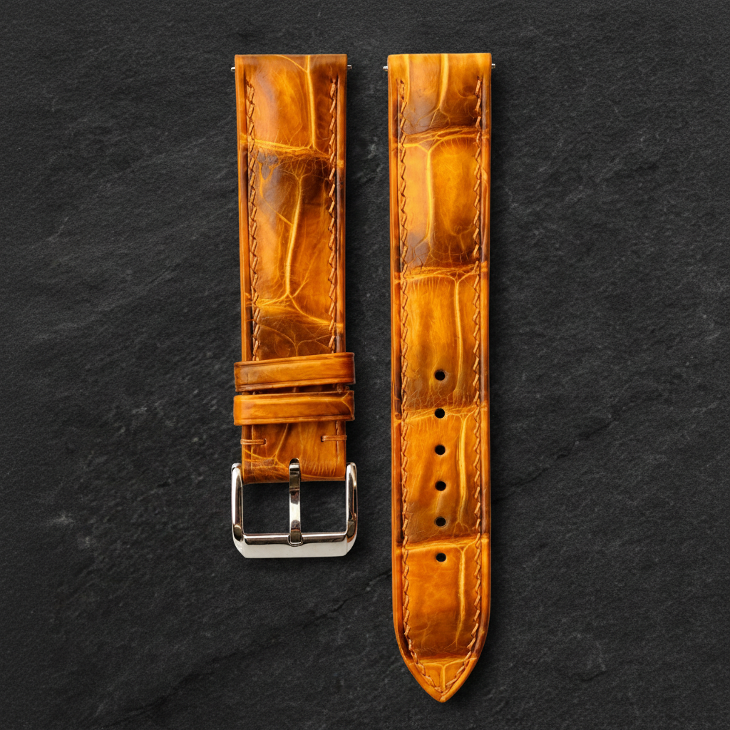 British Tan Brown Alligator Leather Watch Strap - Handmade Quick Release Band
