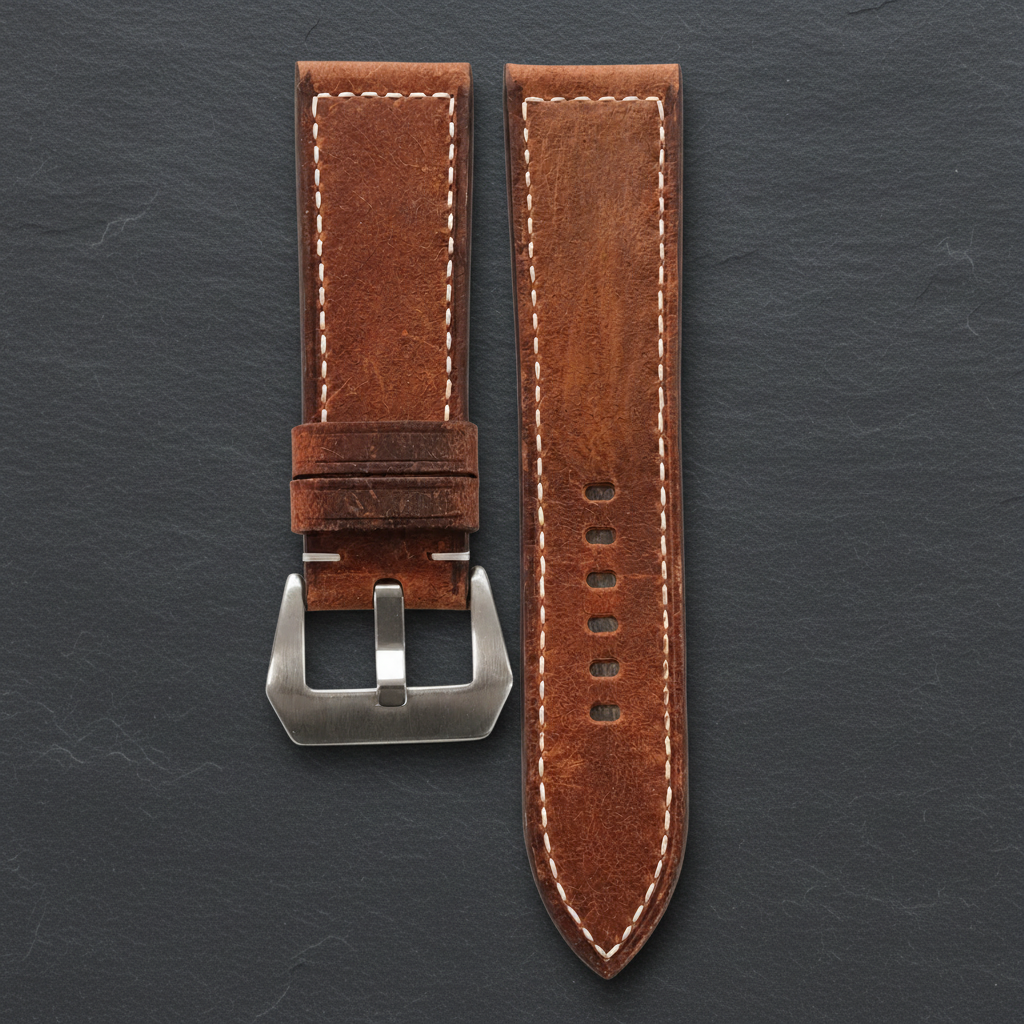 Brown Box Waxed Leather Watch Strap - Handmade