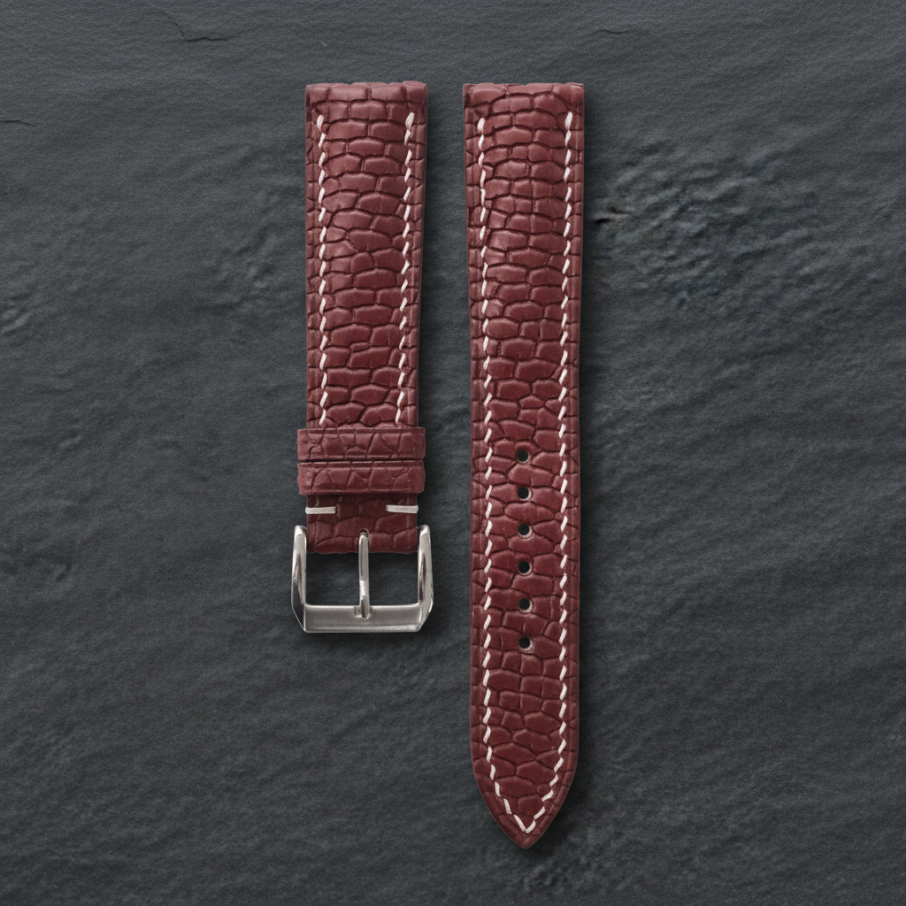 Burgundy Brown Beaver Tail Leather Watch Strap - Handmade