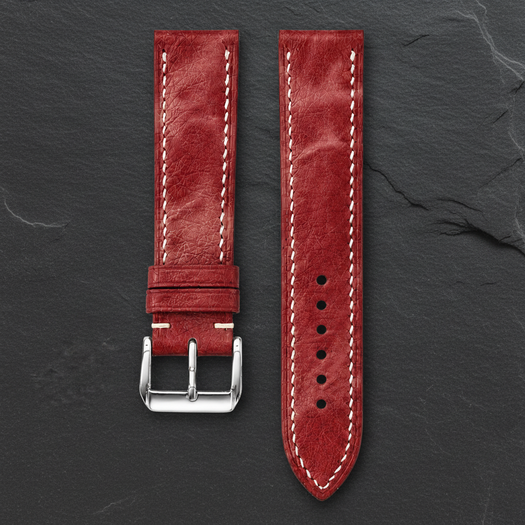 Burgundy Marble Ostrich Leather Watch Strap - Handmade