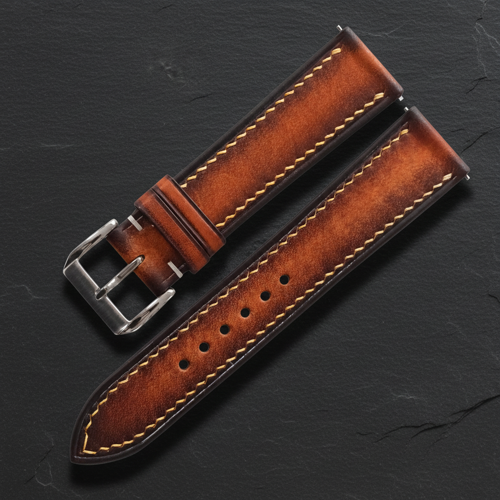 Burnished Cognac Brown Patina Leather Watch Strap - Handmade Quick Release Band