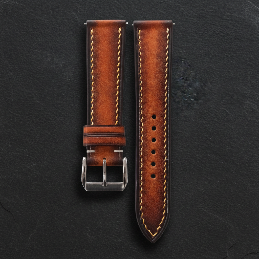 Burnished Cognac Brown Patina Leather Watch Strap - Handmade Quick Release Band