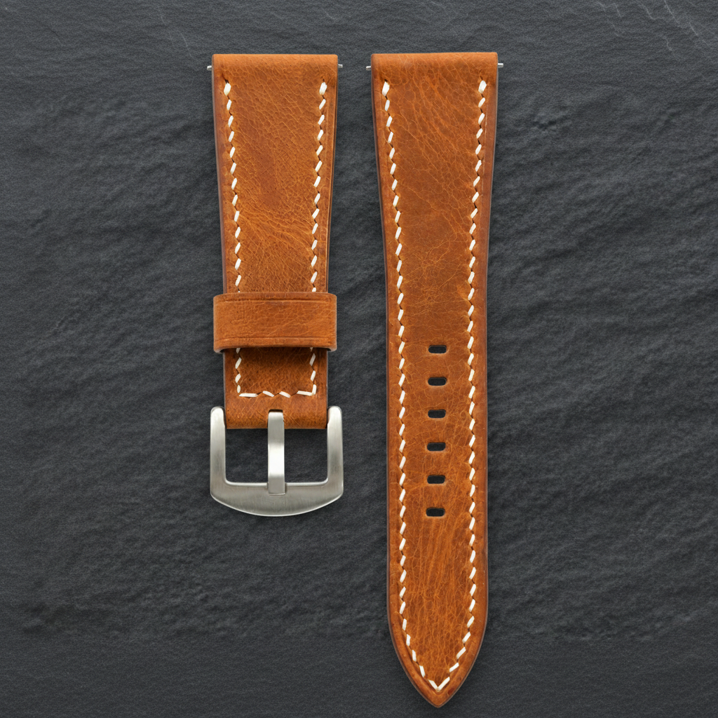 Caramel Brown Waxed Leather Watch Strap - Handmade