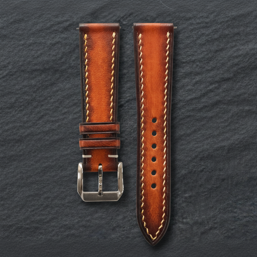 Cognac Brown Patina Leather Watch Strap - Handmade