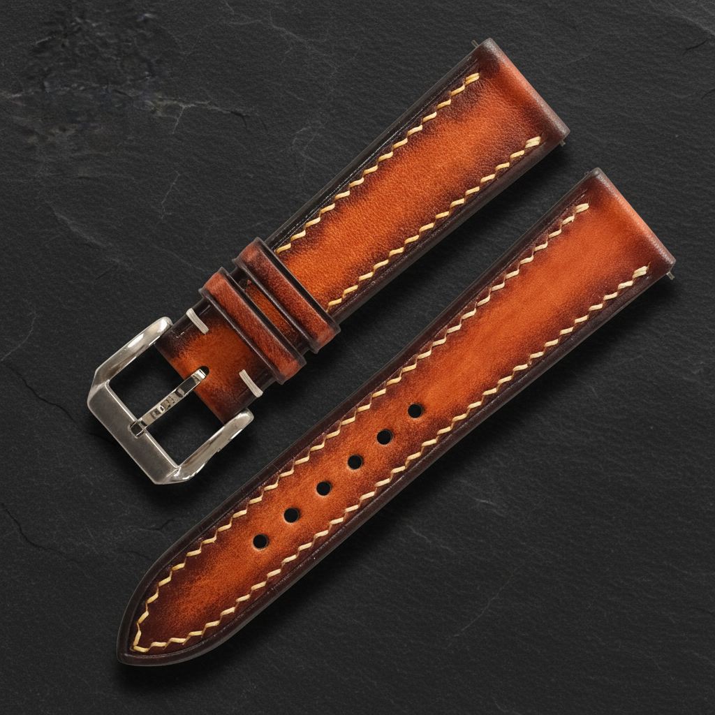 Cognac Brown Patina Leather Watch Strap - Handmade Quick Release Band