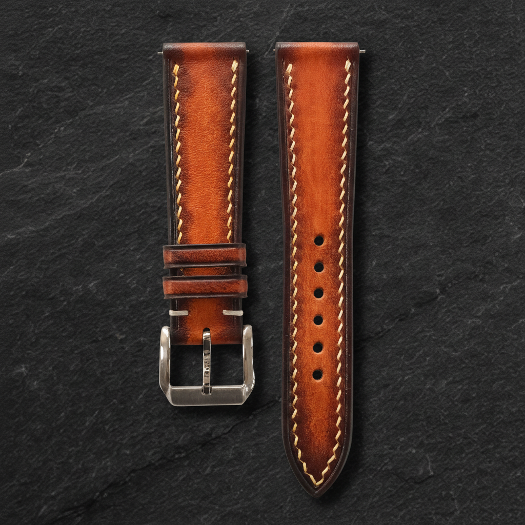 Cognac Brown Patina Leather Watch Strap - Handmade Quick Release Band