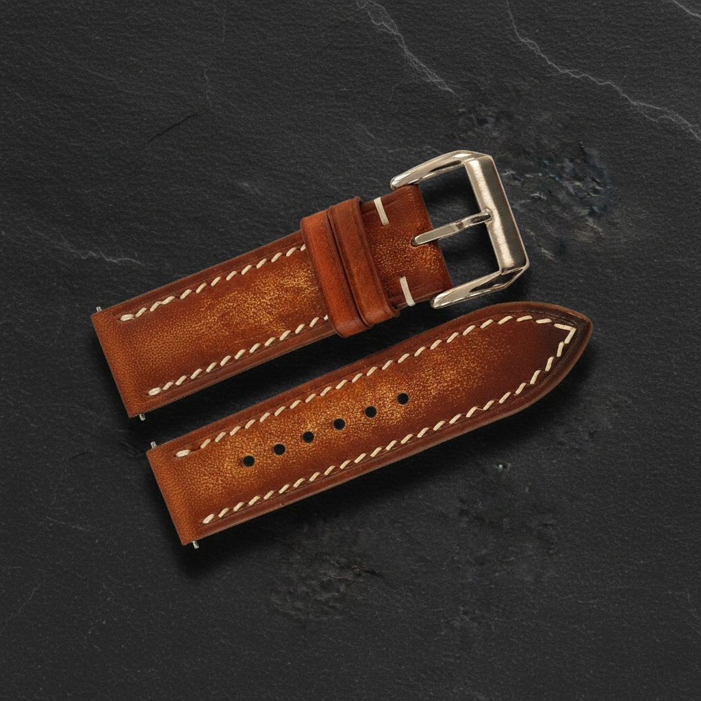 Cognac Patina Leather Watch Strap - Handmade Quick Release Band