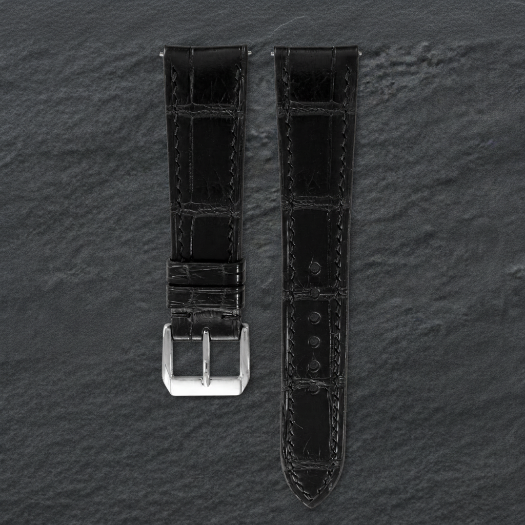 Curved End Black Alligator Leather Watch Strap - Handmade