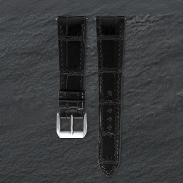 Curved End Black Alligator Leather Watch Strap - Handmade