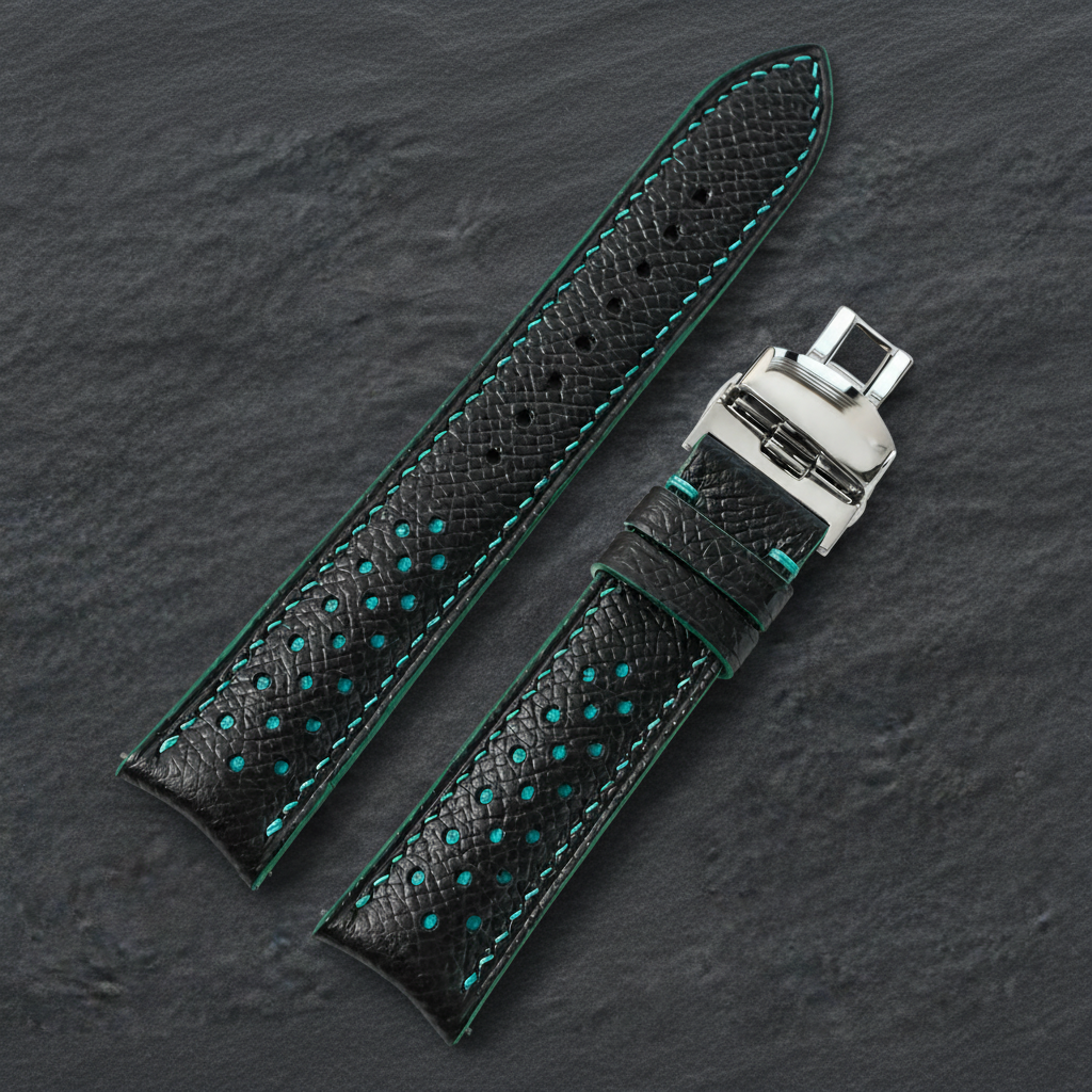 Curved End Black Turquoise Racing Epsom Leather Watch Strap - Handmade