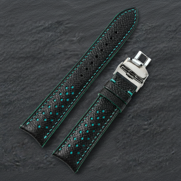 Curved End Black Turquoise Racing Epsom Leather Watch Strap - Handmade
