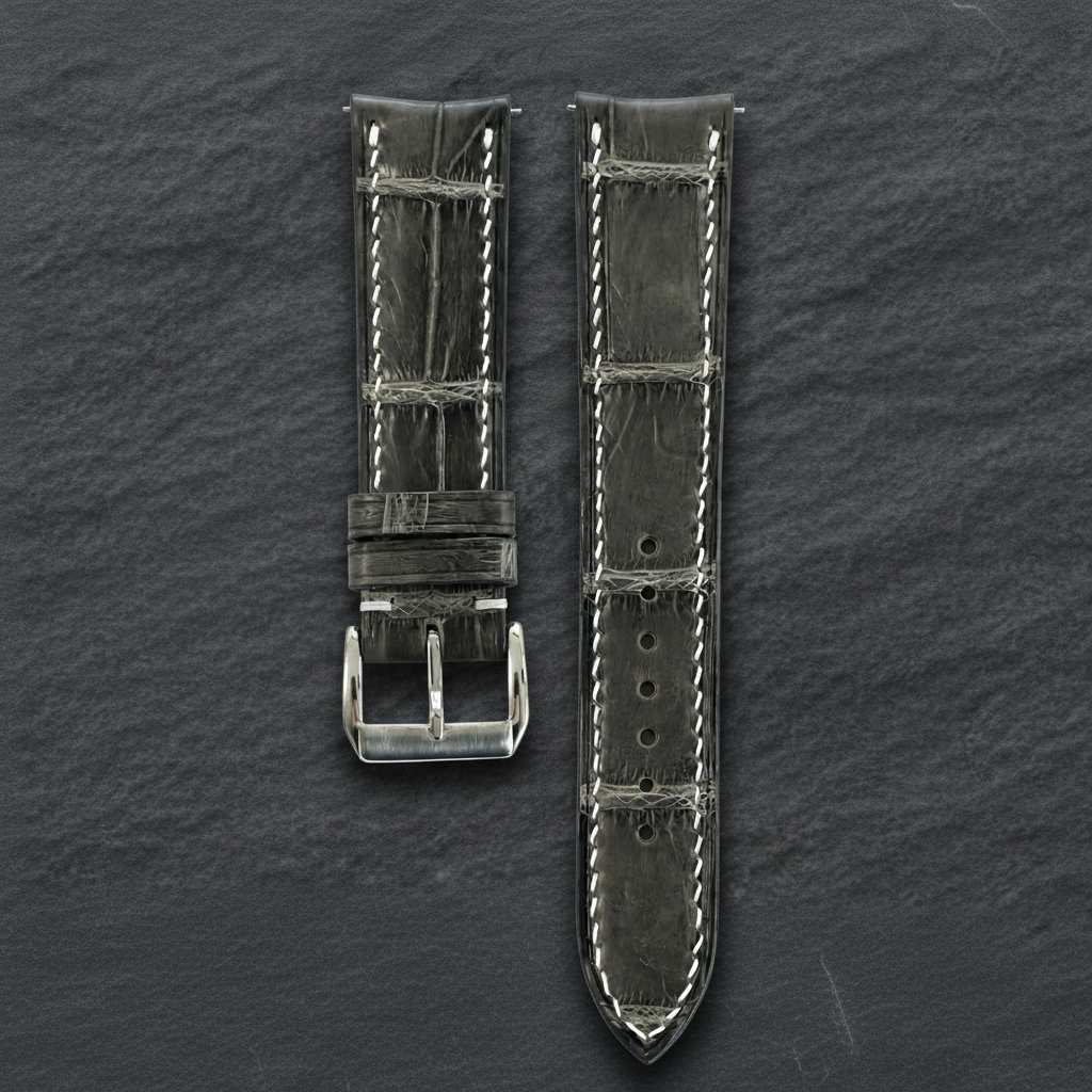 Curved End Gray Alligator Leather Watch Strap - Handmade