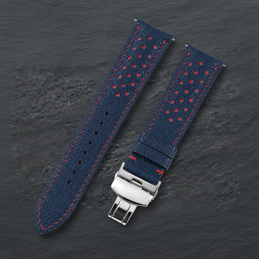 Dark Navy Red Racing Epsom Leather Watch Strap - Handmade