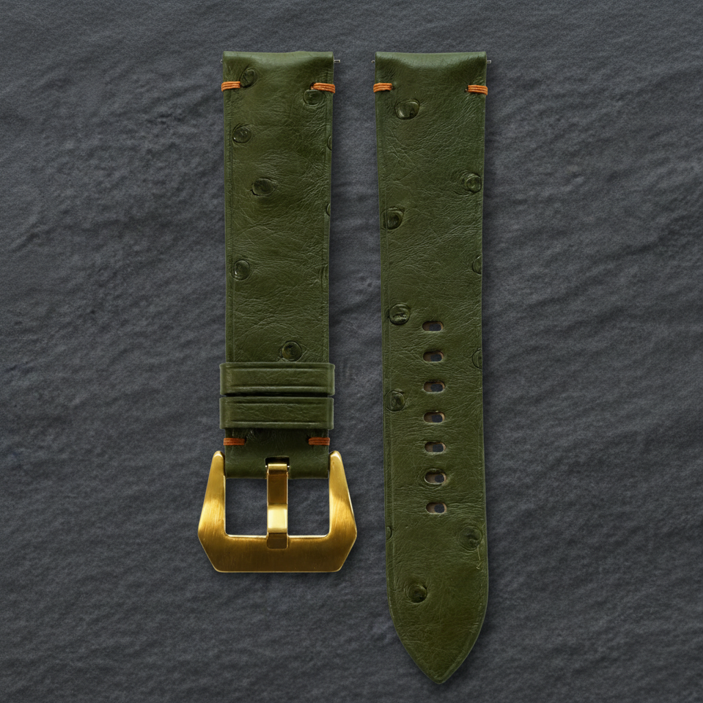 Dark Olive Green Ostrich Leather Watch Strap - Handmade