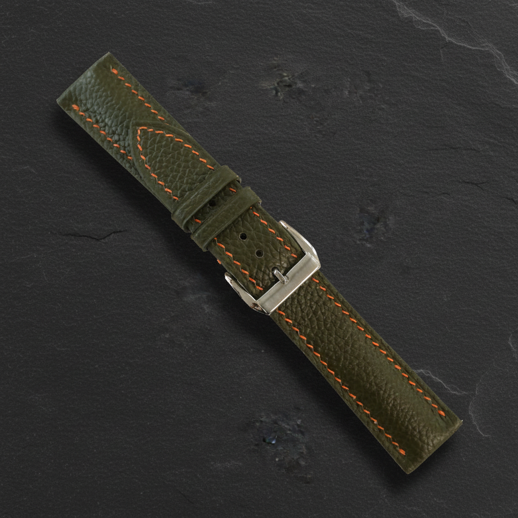 Dark Olive Green Togo Leather Watch Strap - Handmade Quick Release Band