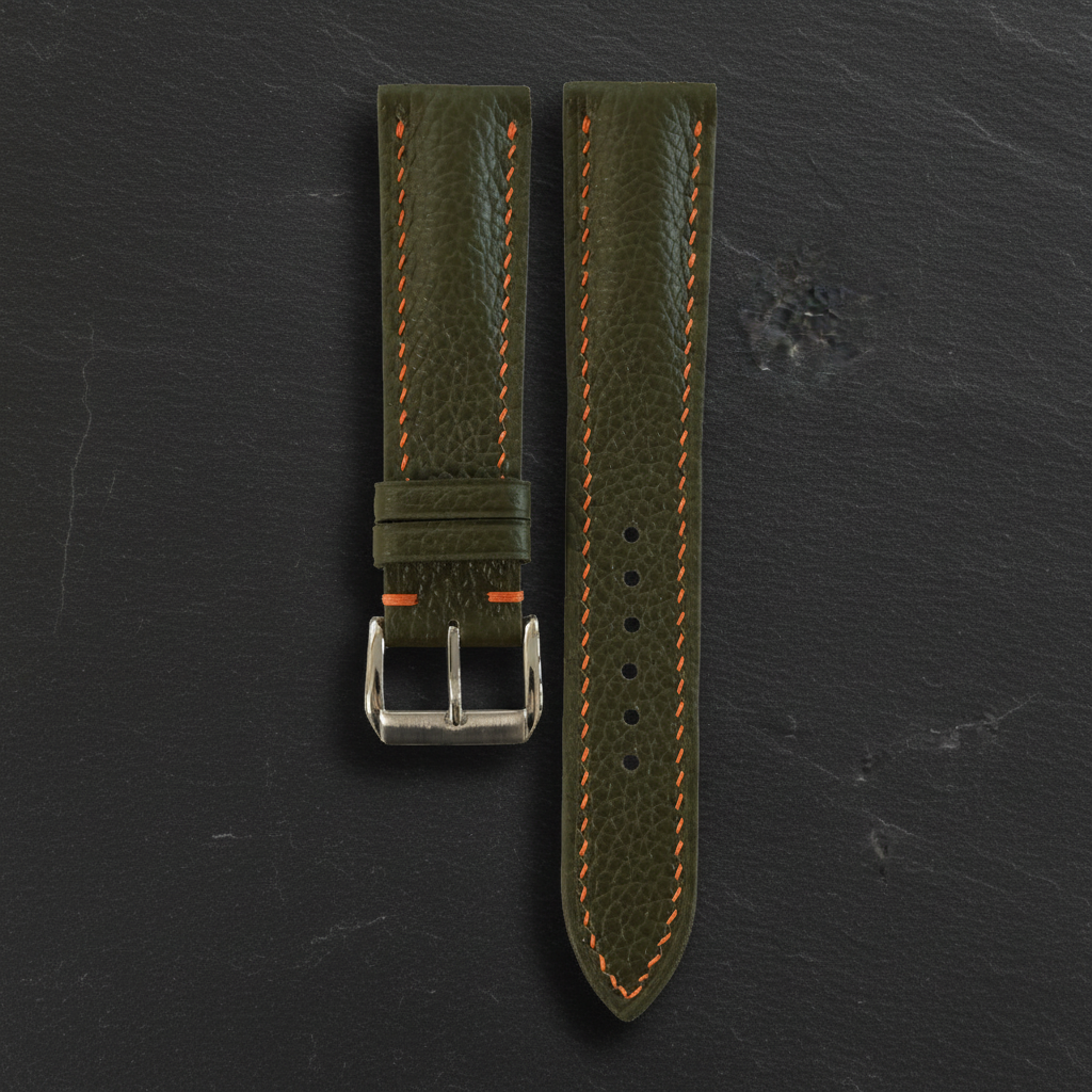 Dark Olive Green Togo Leather Watch Strap - Handmade Quick Release Band
