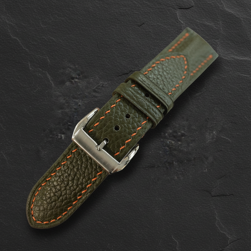 Dark Olive Green Togo Leather Watch Strap - Handmade Quick Release Band