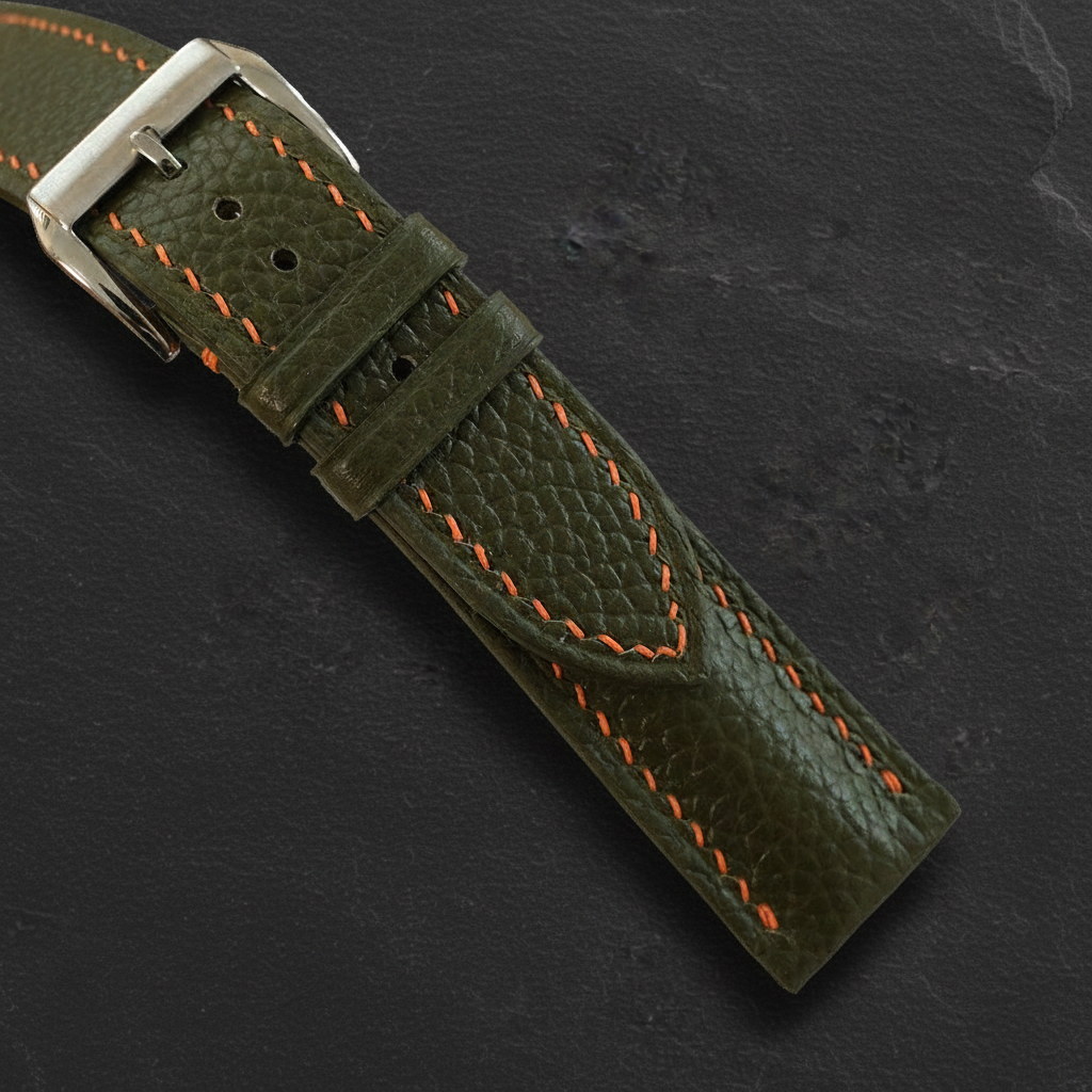 Dark Olive Green Togo Leather Watch Strap - Handmade Quick Release Band