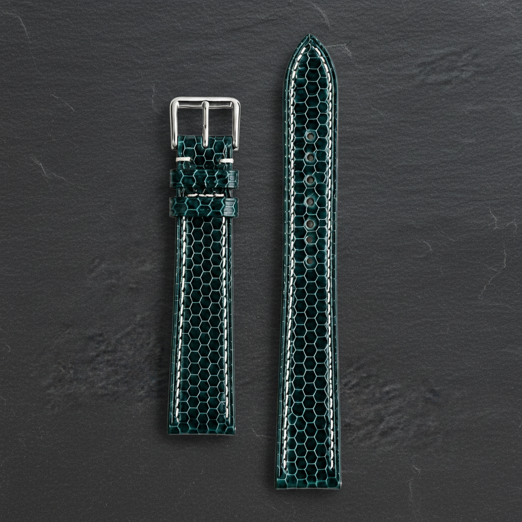 Dark Teal Green Sea Snake Leather Watch Strap - Handmade