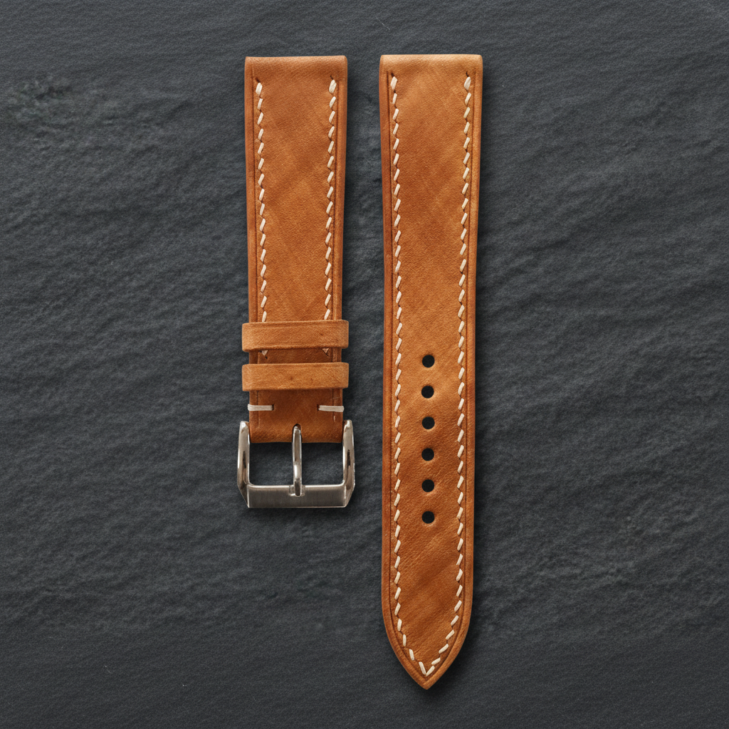 Diamond Basket Weave Tan Patina Leather Watch Strap - Handmade