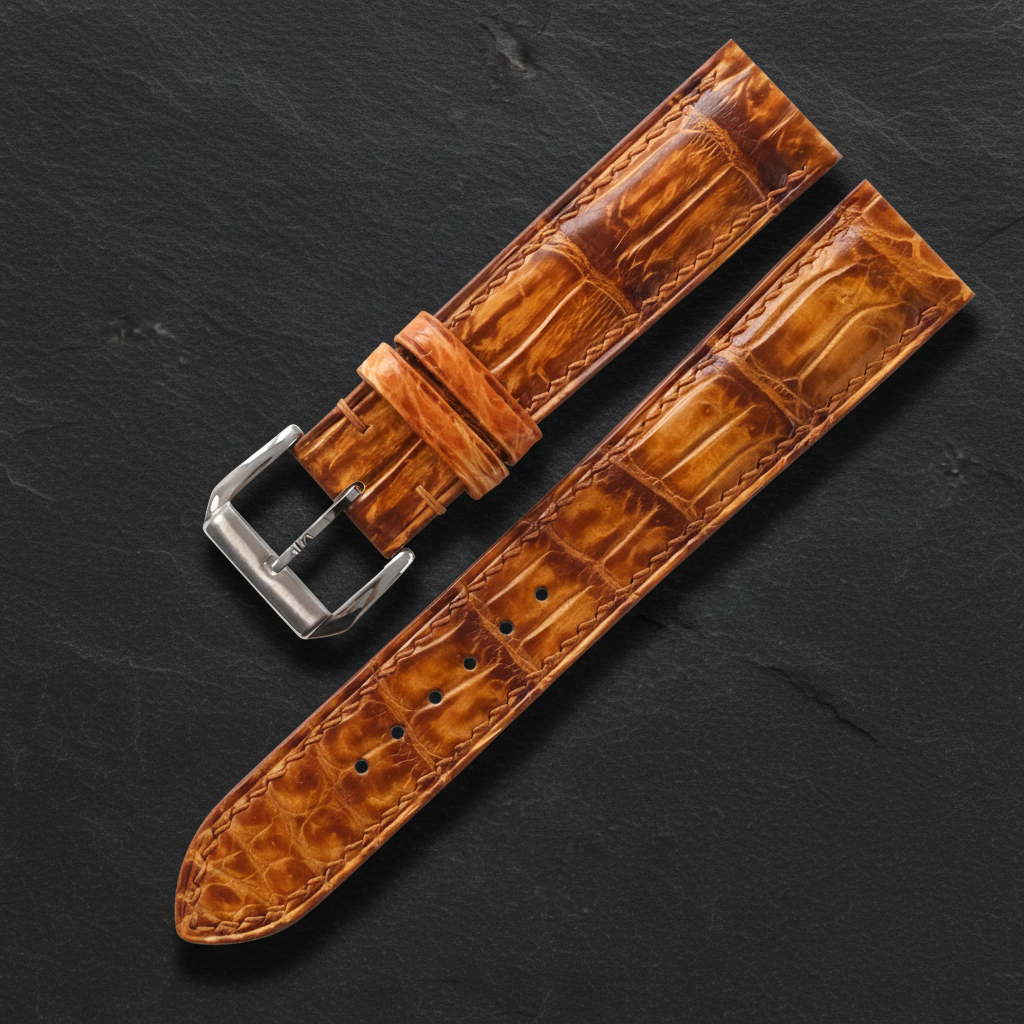 Golden Cognac Alligator Leather Watch Strap - Handmade Quick Release Band