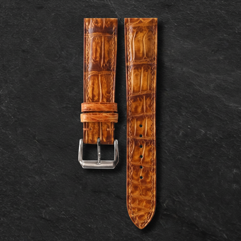 Golden Cognac Alligator Leather Watch Strap - Handmade Quick Release Band