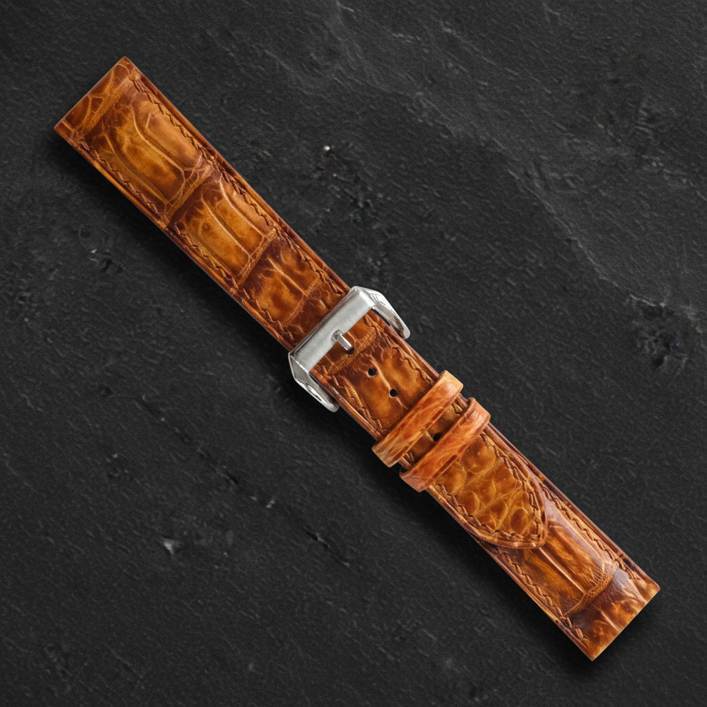 Golden Cognac Alligator Leather Watch Strap - Handmade Quick Release Band