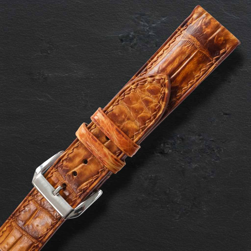 Golden Cognac Alligator Leather Watch Strap - Handmade Quick Release Band