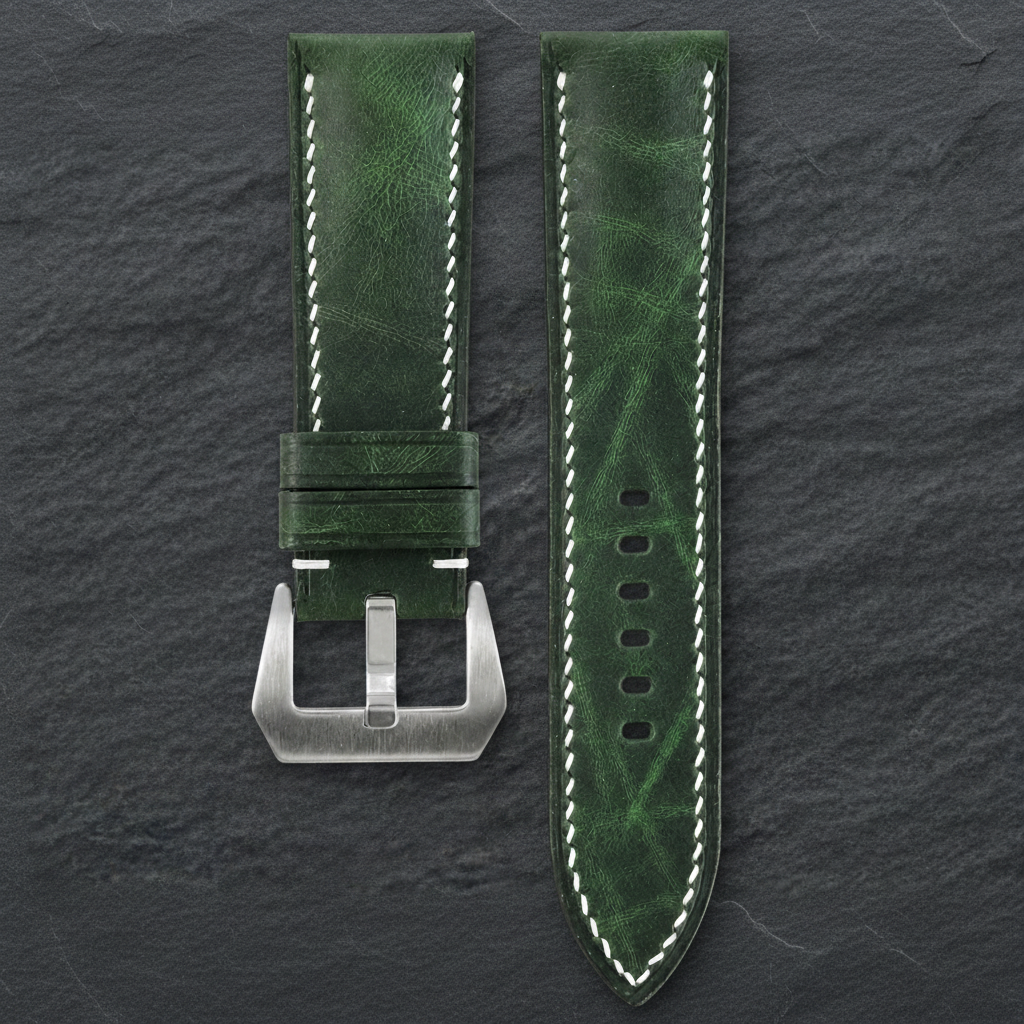 Green Waxed Leather Watch Strap - Handmade