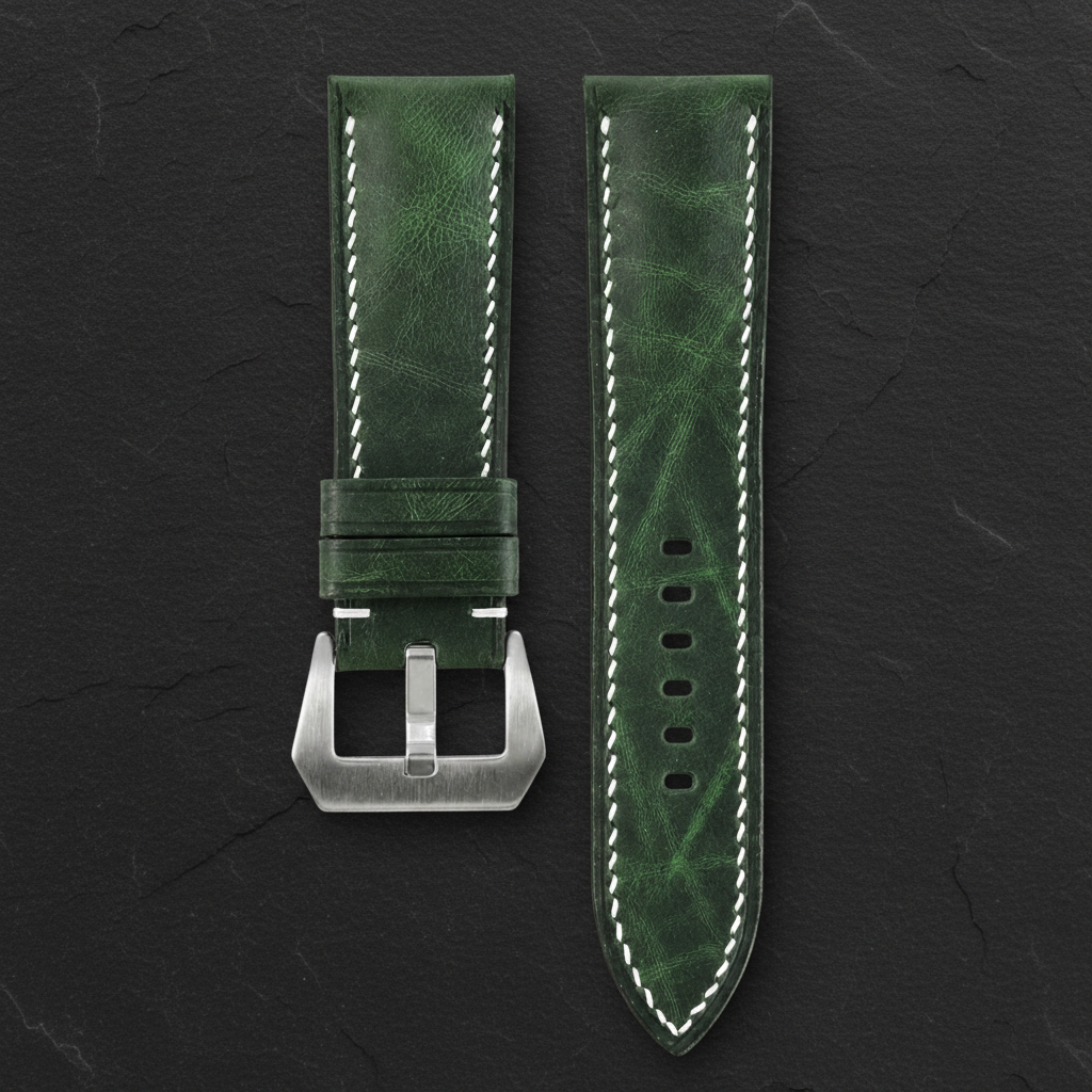 Green Waxed Leather Watch Strap - Handmade Quick Release Band