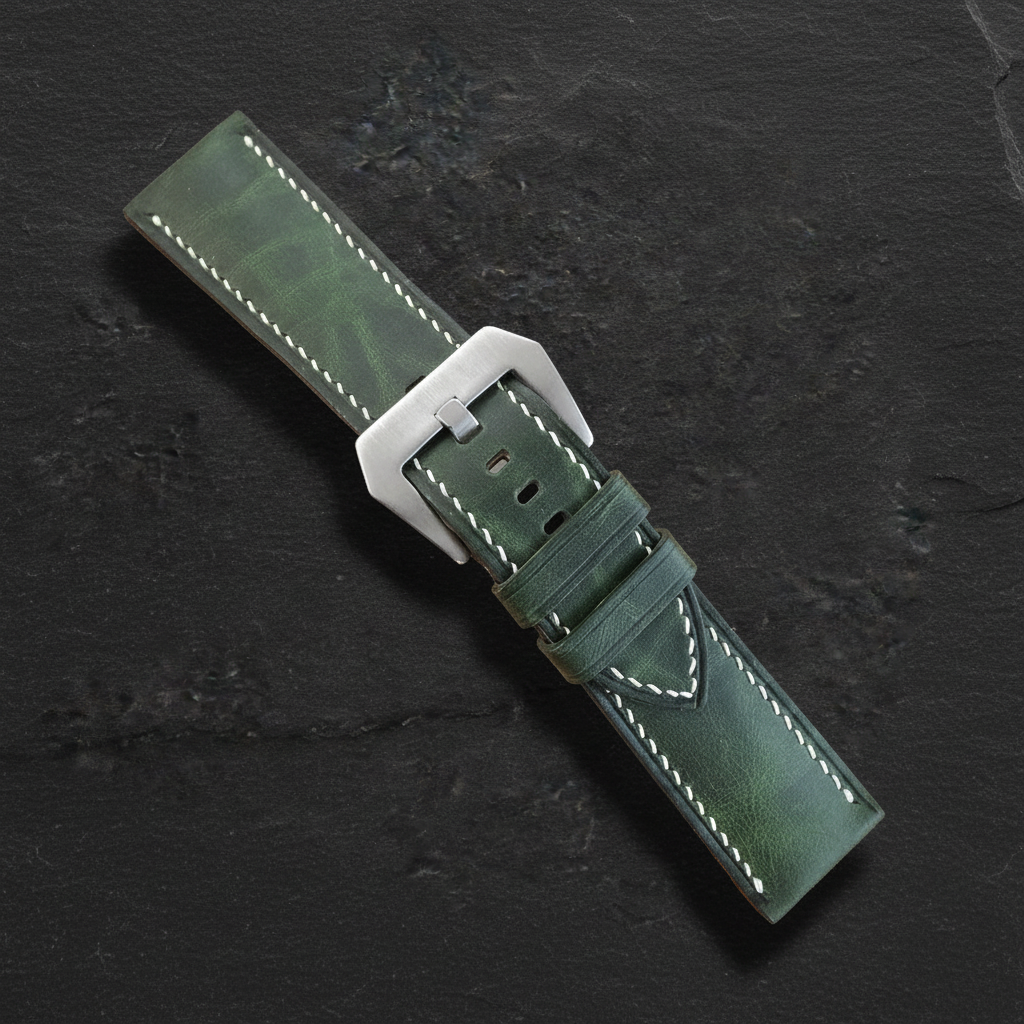 Green Waxed Leather Watch Strap - Handmade Quick Release Band