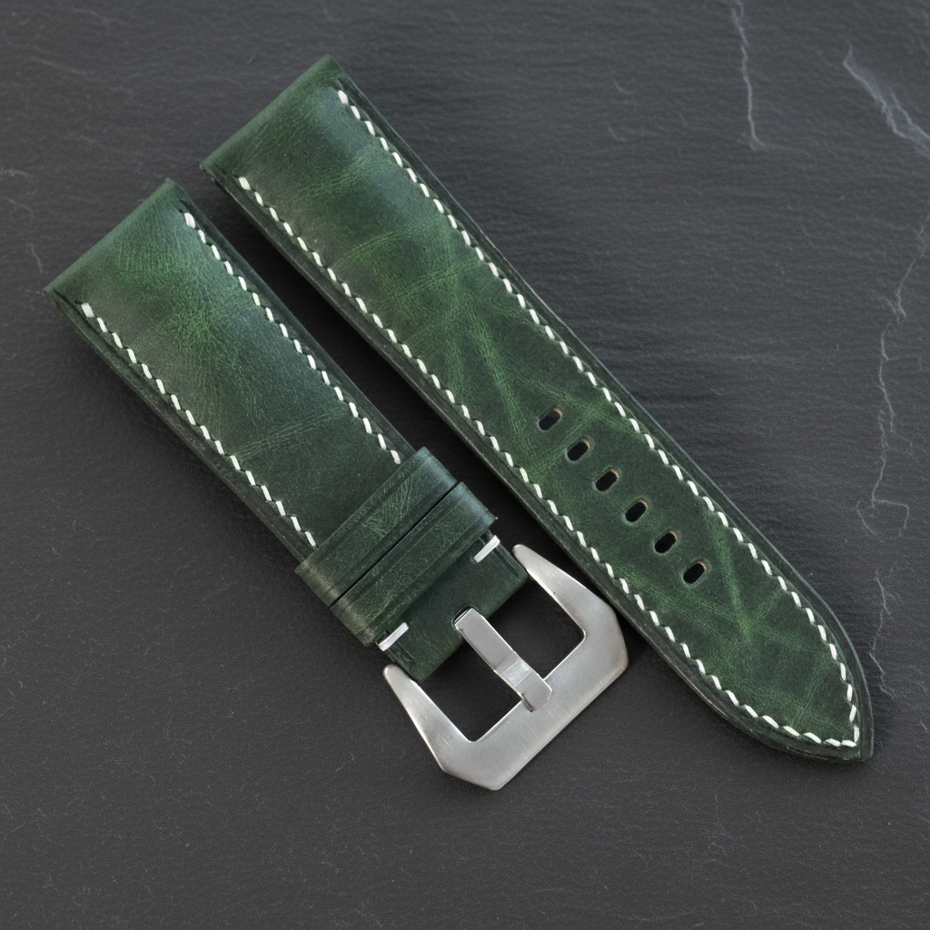 Green Waxed Leather Watch Strap - Handmade Quick Release Band