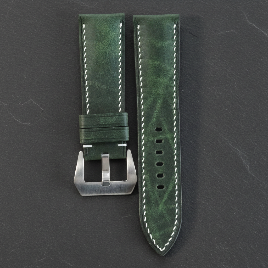 Green Waxed Leather Watch Strap - Handmade Quick Release Band