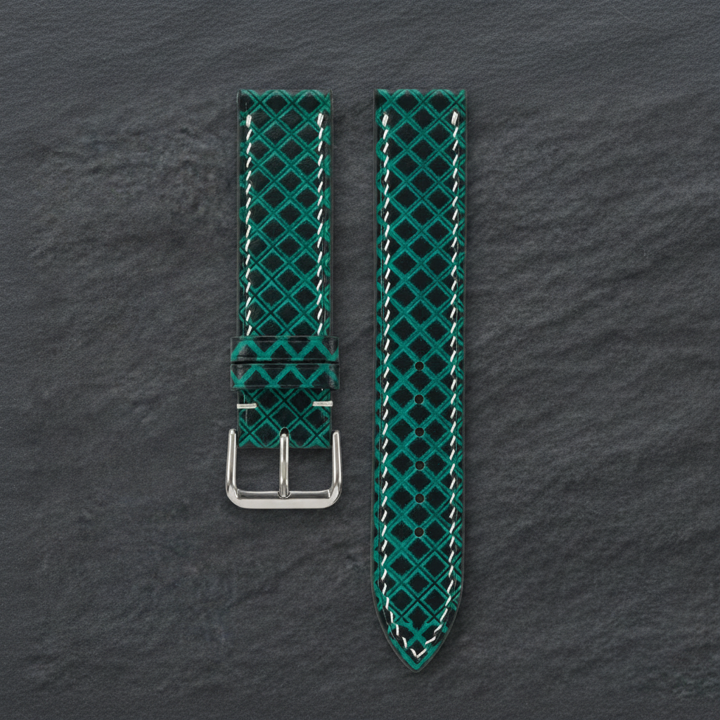 Hand Tooled Emerald Green Lattice Patina Leather Watch Strap - Handmade