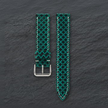 Hand Tooled Emerald Green Lattice Patina Leather Watch Strap - Handmade