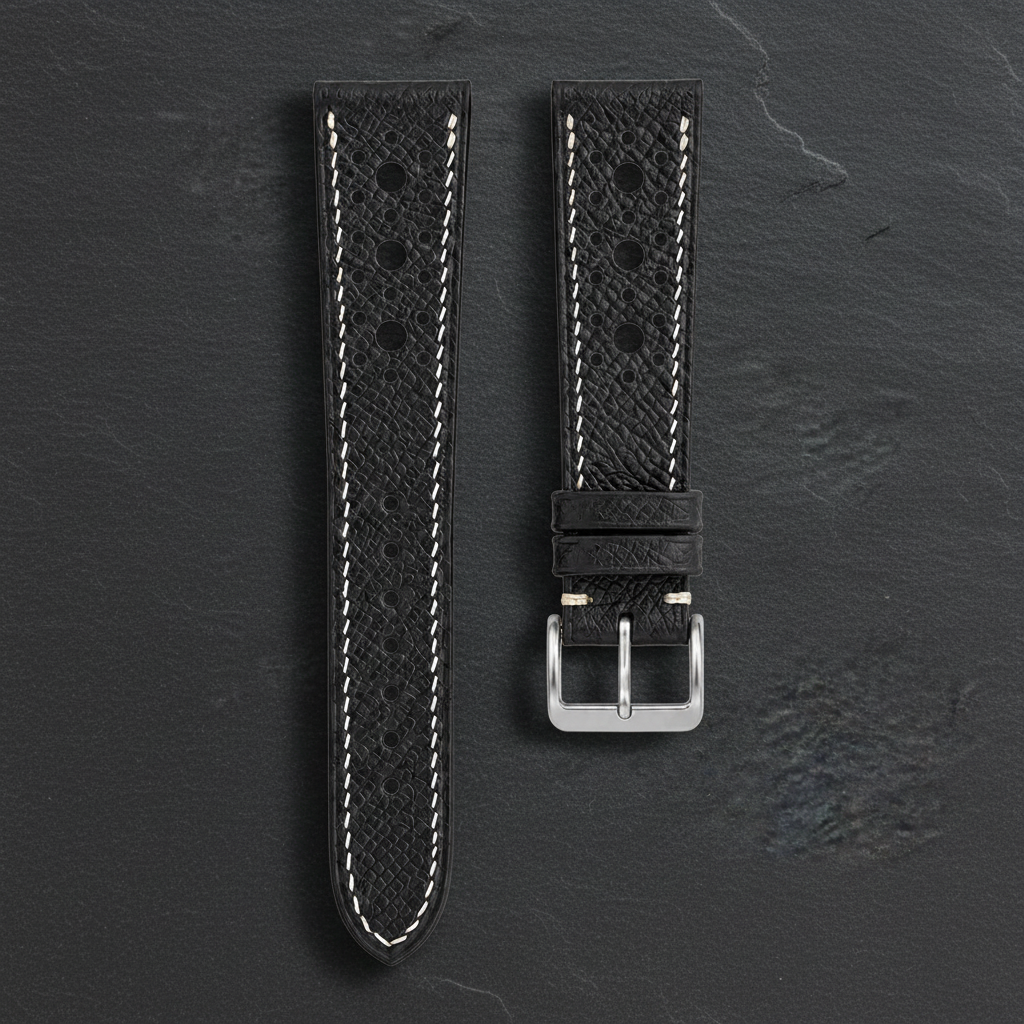Large Black Racing Epsom Leather Watch Strap - Handmade