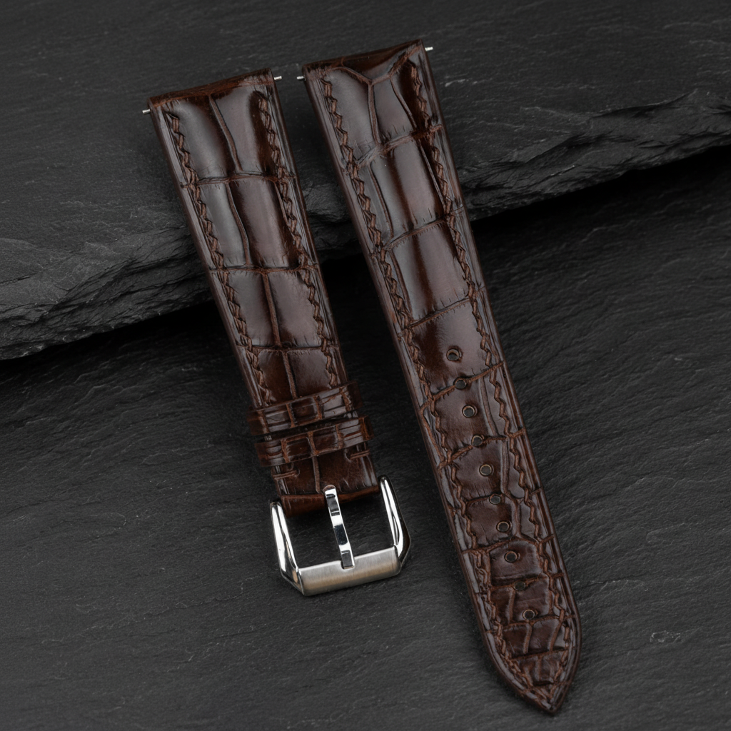 Mahogany Brown Alligator Leather Watch Strap - Handmade Quick Release Band