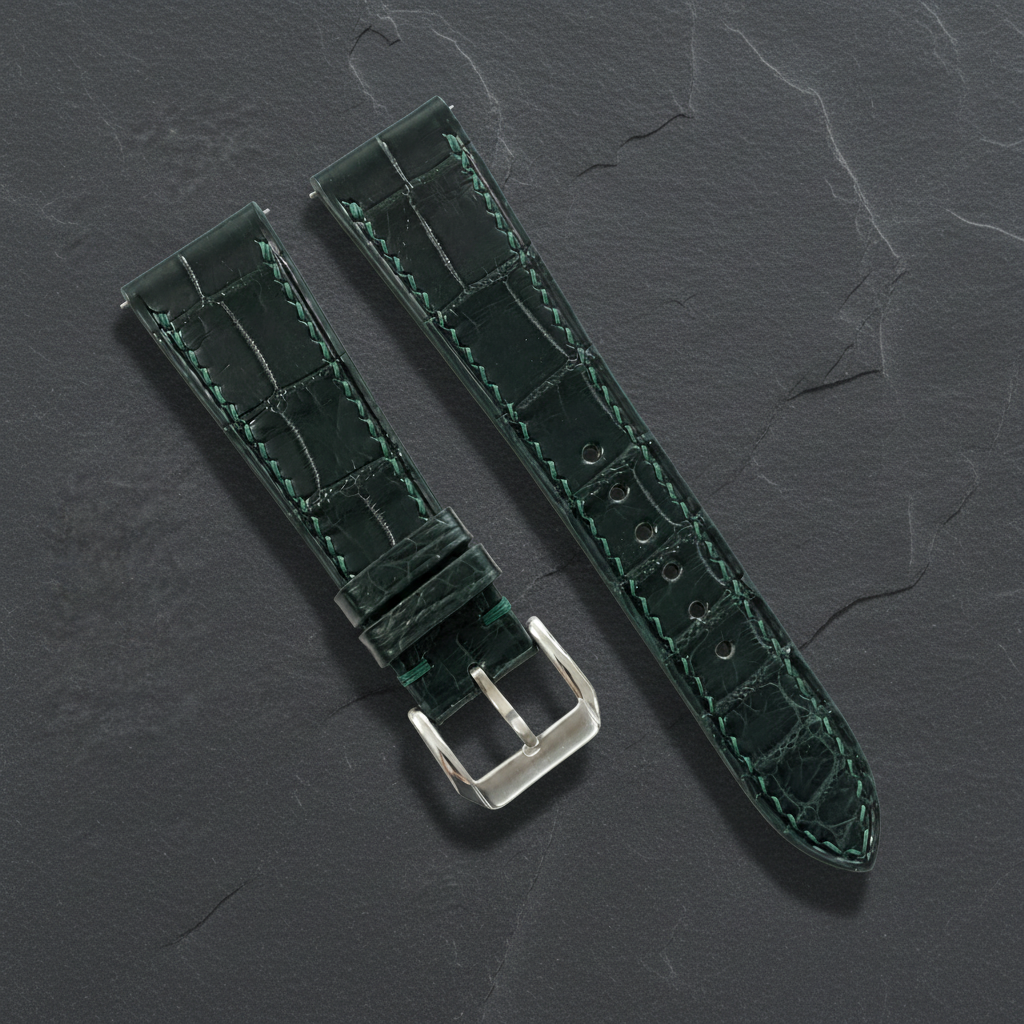 Midnight Forest Green Alligator Leather Watch Strap - Handmade