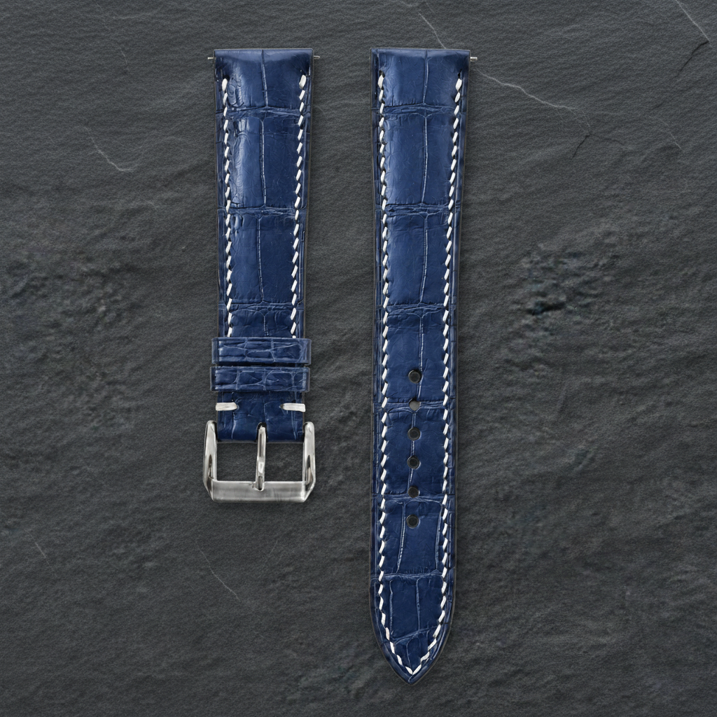 Navy Alligator Leather Watch Strap - Handmade