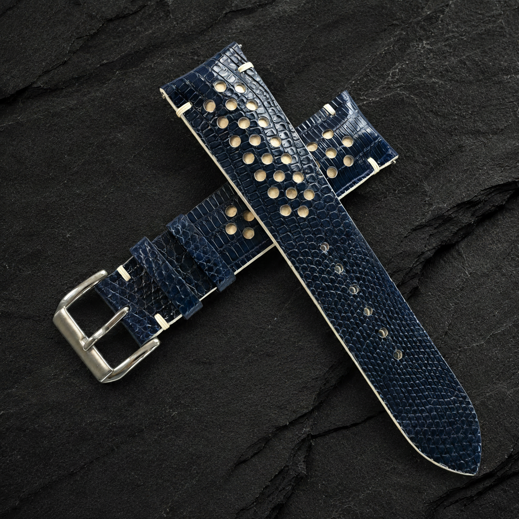Navy And Cream Racing Lizard Leather Watch Strap - Handmade
