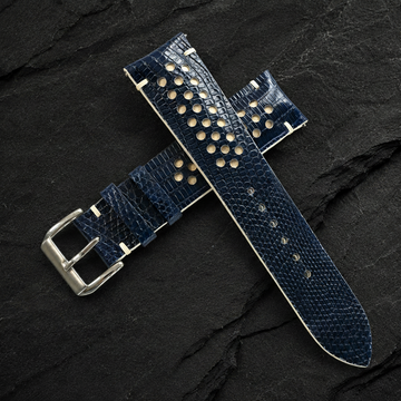 Navy And Cream Racing Lizard Leather Watch Strap - Handmade