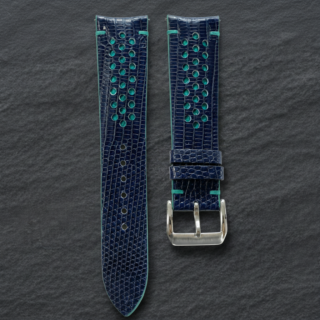 Navy And Turquoise Racing Lizard Leather Watch Strap - Handmade