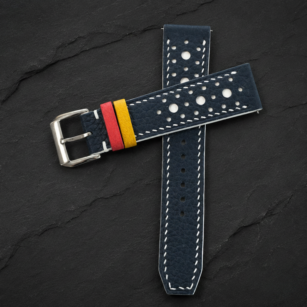 Navy And White Large Racing Togo Leather Watch Strap - Handmade